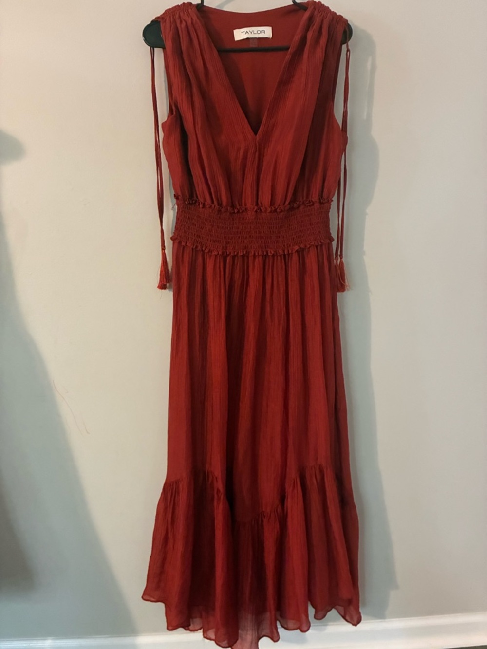 Taylor Burnt Red V-Neck Tiered Maxi Dress